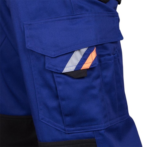 SPODNIE OCHRONNE OGRODNICZKI PROM KIESZENIE NA NAKOLANNIKI, ODBLASKI, NIEBIESKO-CZARNO-POMARAŃCZOWE