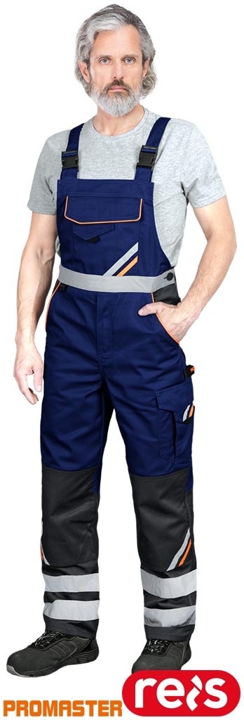 SPODNIE OCHRONNE OGRODNICZKI PROM KIESZENIE NA NAKOLANNIKI, ODBLASKI, NIEBIESKO-CZARNO-POMARAŃCZOWE