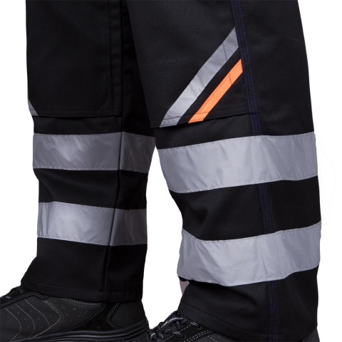 SPODNIE OCHRONNE OGRODNICZKI PROM KIESZENIE NA NAKOLANNIKI, ODBLASKI, NIEBIESKO-CZARNO-POMARAŃCZOWE