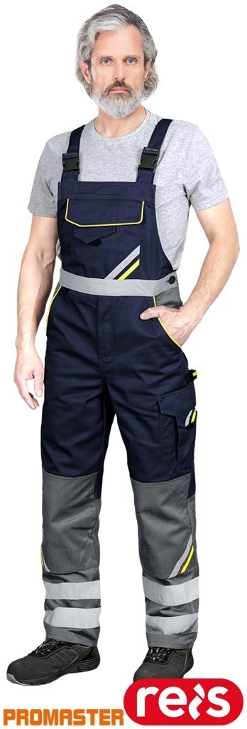 SPODNIE OCHRONNE OGRODNICZKI PROM KIESZENIE NA NAKOLANNIKI, ODBLASKI, GRANATOWO-ŻÓŁTO-SZARE