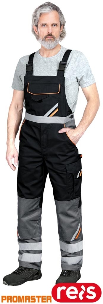 SPODNIE OCHRONNE OGRODNICZKI PROM KIESZENIE NA NAKOLANNIKI, ODBLASKI, CZARNO-POMARAŃCZOWO-SZARE