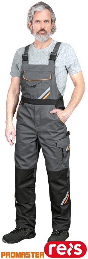 SPODNIE OCHRONNE OGRODNICZKI PROX, KIESZENIE, GUMKA W PASIE, KIESZEŃ NA NAKOLANNIKI SZARO-CZARNO-POMARAŃCZOWE