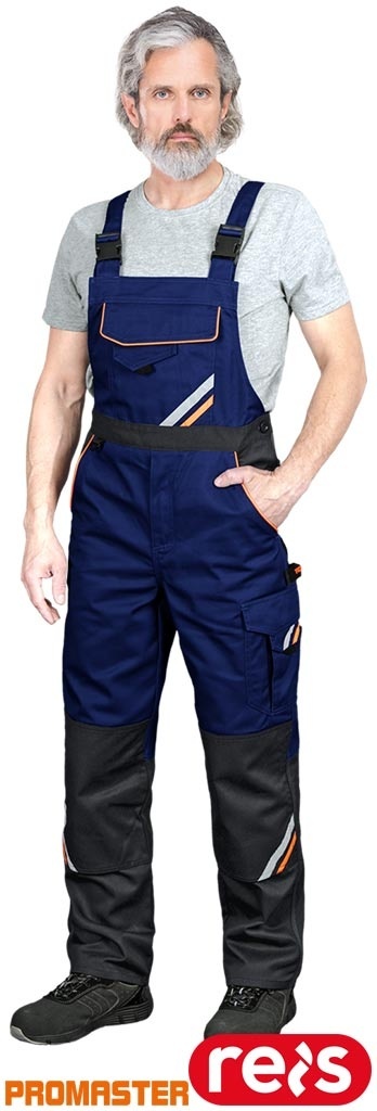 SPODNIE OCHRONNE OGRODNICZKI PROX, KIESZENIE, GUMKA W PASIE, KIESZEŃ NA NAKOLANNIKI NIEBIESKO-CZARNO-POMARAŃCZOWE