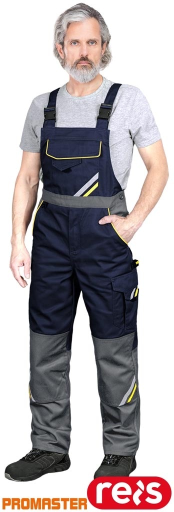 SPODNIE OCHRONNE OGRODNICZKI PROX, KIESZENIE, GUMKA W PASIE, KIESZEŃ NA NAKOLANNIKI GRANATOWO-ŻÓŁTO-SZARE