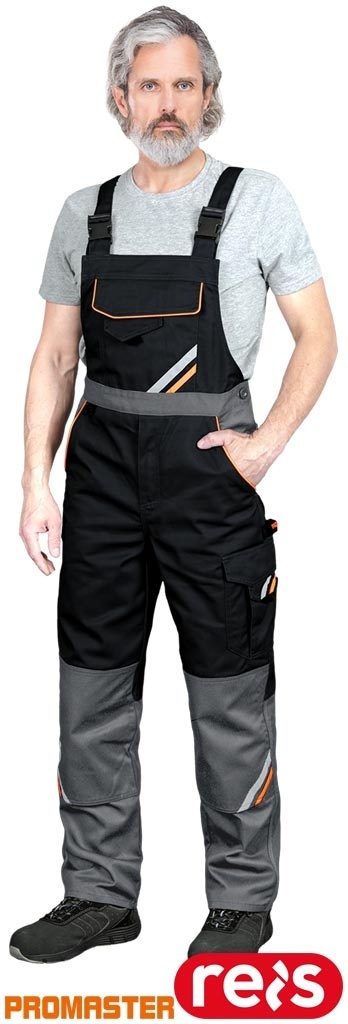 SPODNIE OCHRONNE OGRODNICZKI PROX, KIESZENIE, GUMKA W PASIE, KIESZEŃ NA NAKOLANNIKI CZARNO-POMARAŃCZOWO-SZARE