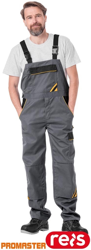 SPODNIE OCHRONNE OGRODNICZKI PRO REGULACJA W PASIE, KIESZENIE NA NAKOLANNIKI SZARO-CZARNO-POMARAŃCZOWE