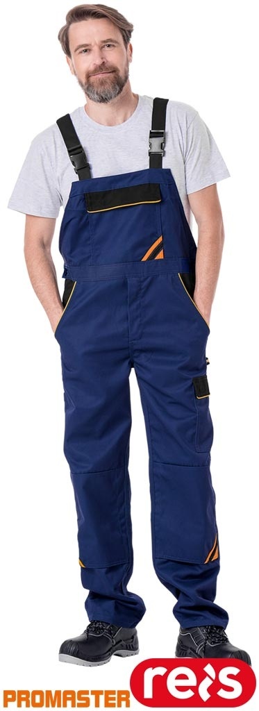 SPODNIE OCHRONNE OGRODNICZKI PRO REGULACJA W PASIE, KIESZENIE NA NAKOLANNIKI NIEBIESKO-CZARNO-POMARAŃCZOWE