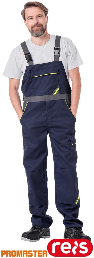 SPODNIE OCHRONNE OGRODNICZKI PRO REGULACJA W PASIE, KIESZENIE NA NAKOLANNIKI GRANATOWO-ŻÓŁTO-SZARE