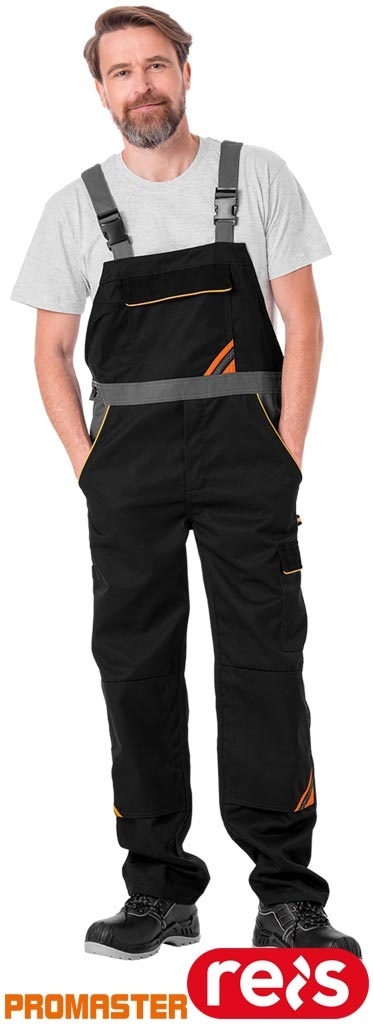 SPODNIE OCHRONNE OGRODNICZKI PRO REGULACJA W PASIE, KIESZENIE NA NAKOLANNIKI CZARNO-POMARAŃCZOWO-SZARE