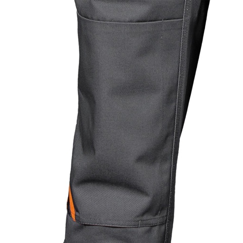 SPODNIE OCHRONNE OGRODNICZKI PRO REGULACJA W PASIE, KIESZENIE NA NAKOLANNIKI CZARNO-POMARAŃCZOWO-SZARE