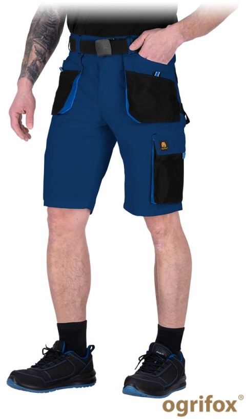 SPODNIE OCHRONNE DO PASA - KRÓTKIE MĘSKIE OX.05 OGR, GUMKA W PASIE, UCHWYT NA MŁOTEK GRANATOWO-CZARO-NIEBIESKIE
