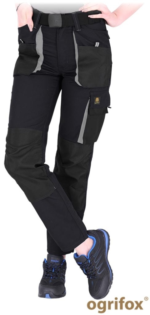 SPODNIE OCHRONNE DO PASA DAMSKIE OX.05.417 FIO, UCHWYT NA MŁOTEK, KIESZENIE NA NAKOLANNIKI SZARO-CZARNE-JASNOSZARE