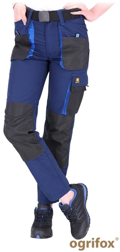 SPODNIE OCHRONNE DO PASA DAMSKIE OX.05.417 FIO, UCHWYT NA MŁOTEK, KIESZENIE NA NAKOLANNIKI, GRANATOWO-CZARNO-NIEBIESKIE