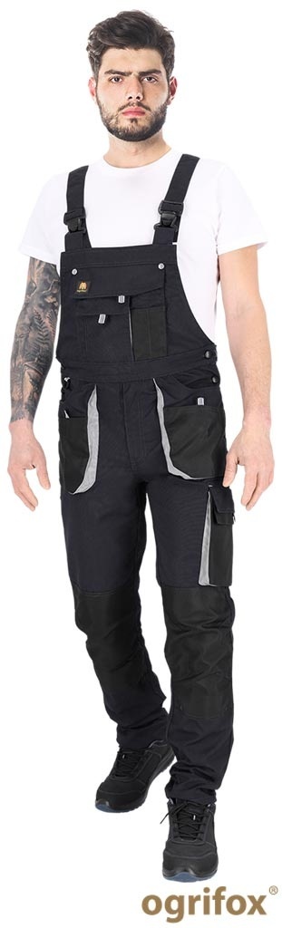 SPODNIE OCHRONNE OGRODNICZKI OX.05.123 OGR, UCHWYT NA MŁOTEK, KIESZENIE NA NAKOLANNIKI, SZARO-CZARNO-JASNOSZARE