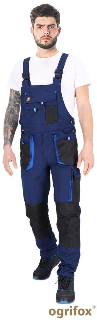 SPODNIE OCHRONNE OGRODNICZKI OX.05.123 OGR, UCHWYT NA MŁOTEK, KIESZENIE NA NAKOLANNIKI, GRANATOWO-CZARNO-NIEBIESKIE