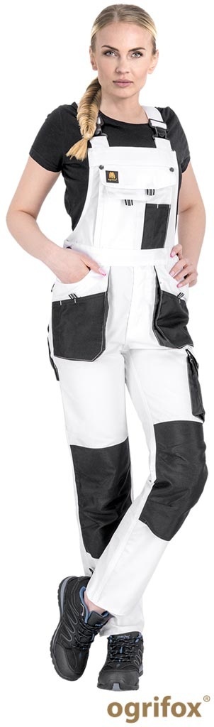 SPODNIE OCHRONNE OGRODNICZKI DAMSKIE OX.05.258 FIO, UCHWYT NA MŁOTEK, KIESZEŃ NA NAKOLANNIKI BIAŁO-CZARNO-SZARE