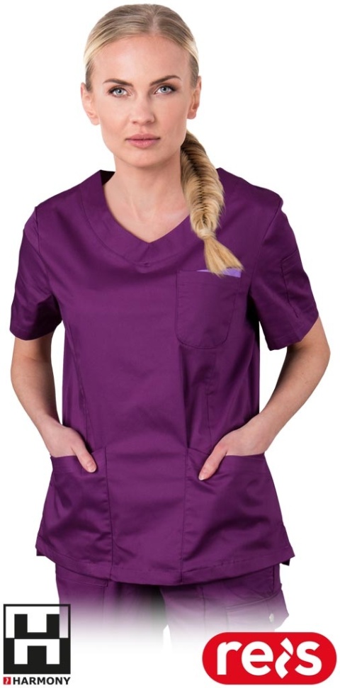 BLUZA OCHRONNA OSSIA DAMSKA Z KRÓTKIM RĘKAWEM, LABORATORA, USŁUGI KOSMETYCZNE, FIOLETOWA