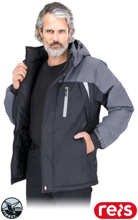 KURTKA OCHRONNA OCIEPLANA OSVALD MĘSKA ZIMOWA, ODBLASKOWE ELEMENTY, CZARNO-SZARA