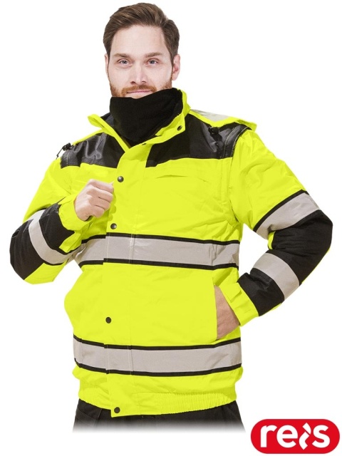 KURTKA OCHRONNA OSTRZEGAWCZA OCIEPLANA MILLING 2W1, ODPINANE RĘKAWY ŻÓŁTO-CZARNA