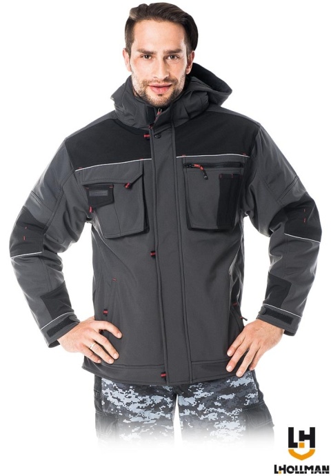 KURTKA OCHRONNA OCIEPLANA STORM SOFTSHELL, MEMBRANA, ODPINANY KAPTUR SZARO-CZARNA