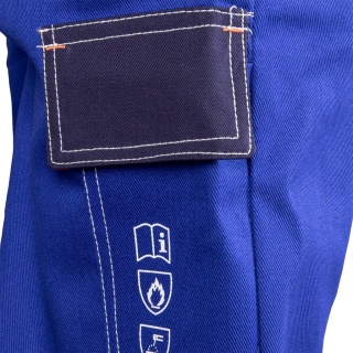 SPODNIE OCHRONNE DLA SPAWACZY SPECWELD TRUDNOPALNE, NIEBIESKO-GRANATOWO-POMARAŃCZOWE