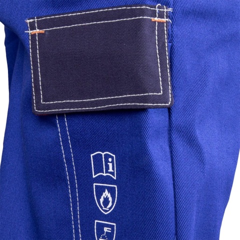 SPODNIE OCHRONNE DLA SPAWACZY SPECWELD TRUDNOPALNE, NIEBIESKO-GRANATOWO-POMARAŃCZOWE