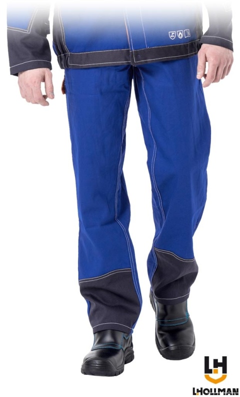 SPODNIE OCHRONNE DLA SPAWACZY SPECWELD TRUDNOPALNE, NIEBIESKO-GRANATOWO-POMARAŃCZOWE