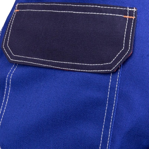 SPODNIE OCHRONNE DLA SPAWACZY SPECWELD TRUDNOPALNE, NIEBIESKO-GRANATOWO-POMARAŃCZOWE