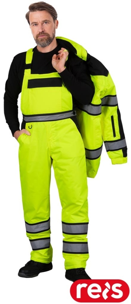 SPODNIE OCHRONNE OGRODNICZKI ZIMOWE OSTRZEGAWCZE OCIEPLANE MILLING ŻÓŁTO-CZARNE