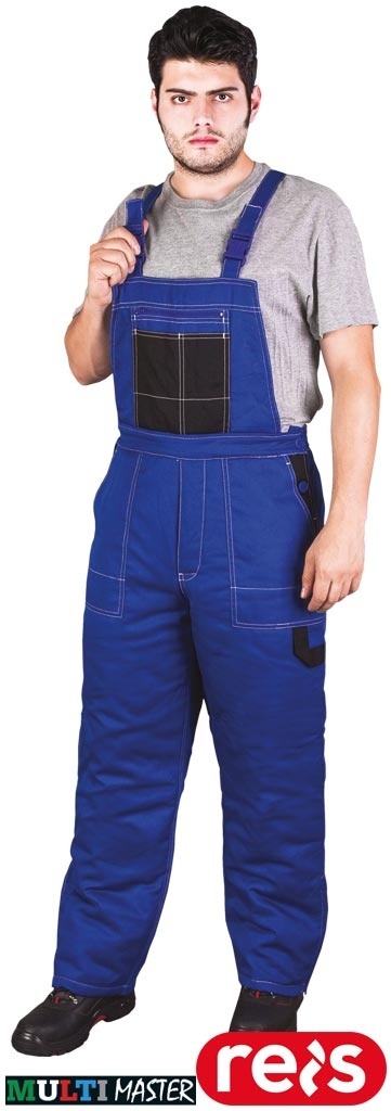 SPODNIE OCHRONNE OGRODNICZKI OCIEPLANE MMWS, UCHWYT NA MŁOTEK NIEBIESKO-CZARNE