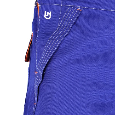 SPODNIE OCHRONNE OGRODNICZKI SPECWELD TRUDNOPALNE NIEBIESKO-GRANATOWO-POMARAŃCZOWE