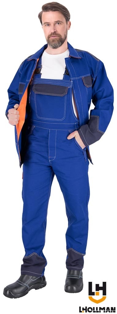 SPODNIE OCHRONNE OGRODNICZKI SPECWELD TRUDNOPALNE NIEBIESKO-GRANATOWO-POMARAŃCZOWE