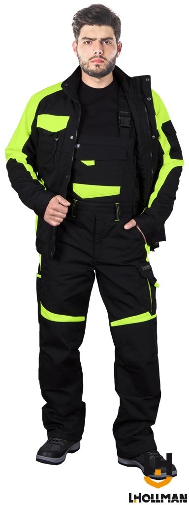 SPODNIE OCHRONNE OGRODNICZKI TANZOW, TKANE, GUMKI W PASIE, CZARNO-ŻÓŁTE