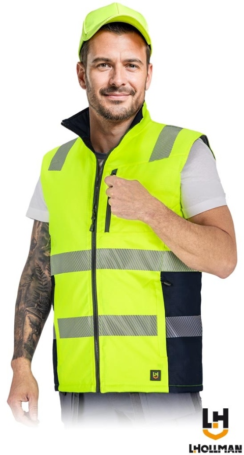 BEZRĘKAWNIK OCHRONNY OCIEPLANY LASER, RIP-STOP ODPORNE NA ROZDARCIA, ZÓŁTO-GRANATOWY