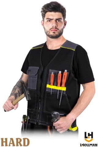 KAMIZELKA OCHRONNA MONTERSKA POCKER BEZRĘKAWNIK Z WIELOMA KIESZENIAMI, CZARNO-SZARO-ZÓŁTA