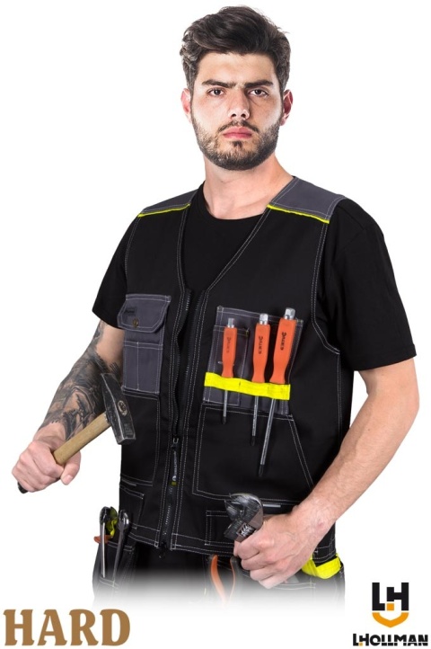 KAMIZELKA OCHRONNA MONTERSKA POCKER BEZRĘKAWNIK Z WIELOMA KIESZENIAMI, CZARNO-SZARO-ZÓŁTA