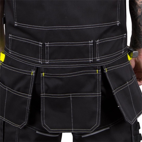 KAMIZELKA OCHRONNA MONTERSKA POCKER BEZRĘKAWNIK Z WIELOMA KIESZENIAMI, CZARNO-SZARO-ZÓŁTA