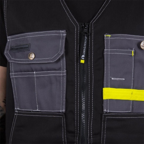 KAMIZELKA OCHRONNA MONTERSKA POCKER BEZRĘKAWNIK Z WIELOMA KIESZENIAMI, CZARNO-SZARO-ZÓŁTA