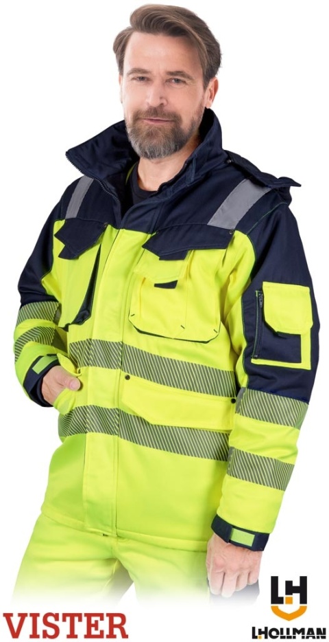 KURTKA OCHRONNA ZIMOWA FLUORESCENCYJNA OCIEPLANA JACWINTER ŻÓŁTO-GRANATOWA