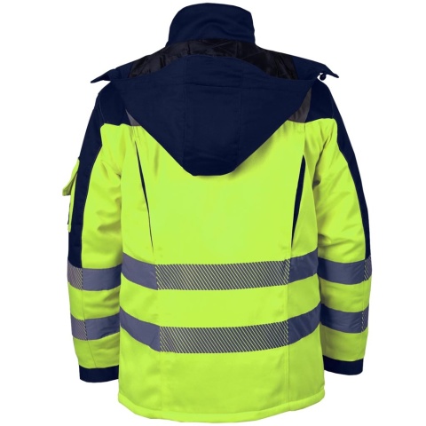 KURTKA OCHRONNA ZIMOWA FLUORESCENCYJNA OCIEPLANA JACWINTER POMARAŃCZOWO-GRANATOWA