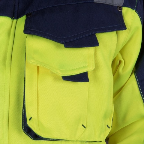 KURTKA OCHRONNA ZIMOWA FLUORESCENCYJNA OCIEPLANA JACWINTER POMARAŃCZOWO-GRANATOWA