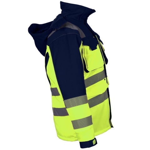 KURTKA OCHRONNA ZIMOWA FLUORESCENCYJNA OCIEPLANA JACWINTER POMARAŃCZOWO-GRANATOWA