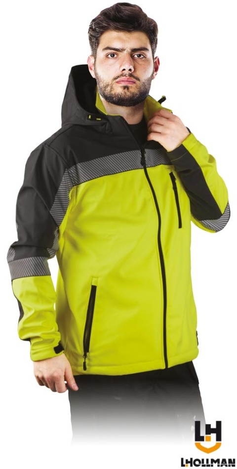 KURTKA OCHRONNA PIROL SOFTSHELL, MEMBRANA, ODBLASKOWE ELEMENTY, ZÓŁTO-CZARNA