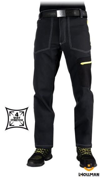 SPODNIE OCHRONNE DO PASA ORKAN, GUMKA W PASIE, SOFTSHELL 4 KIERUNKOWY STRECZ, CZARNO-ZÓŁTE