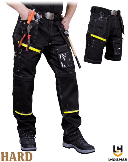 SPODNIE OCHRONNE DO PASA I KRÓTKIE PEAKER 2W1, KIESZENIE MONTERSKIE, ODPINANE NOGAWKI, CZARNO-ŻÓŁTE