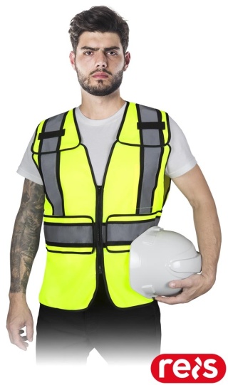 KAMIZELKA OSTRZEGAWCZA KOS-FLEX, NA ZAMEK, Z PASAMI ODBLASKOWYMI ŻÓŁTO-CZARNA