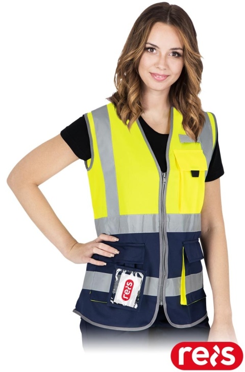 KAMIZELKA OSTRZEGAWCZA KOS-LADY, DAMSKA, NA RZEP ŻÓŁTO-GRANATOWA