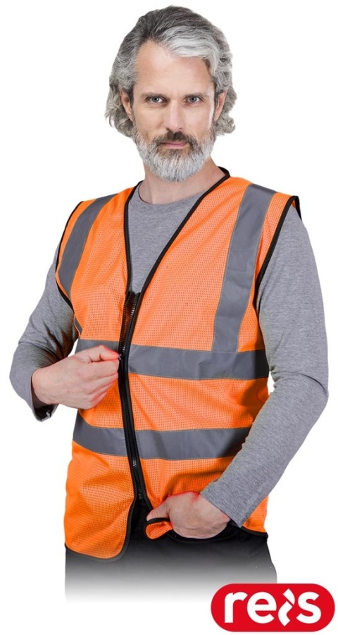 KAMIZELKA OSTRZEGAWCZA KOS-MESHZIP Z SIATKI, N AZAMEK POMARAŃCZOWO-CZARNA