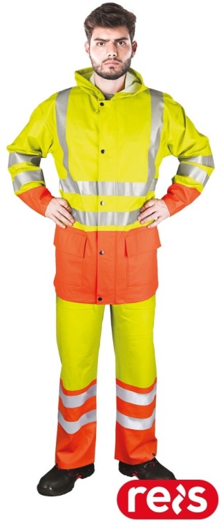KOMPLET OCHRONNY PRZECIWDESZCZOWY KPLPUFLUO KURTKA I SPODNIE OGRODNICZKI ŻÓŁTO-POMARAŃCZOWE