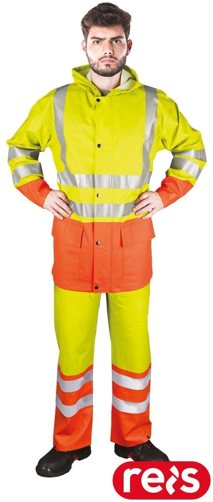 KOMPLET OCHRONNY PRZECIWDESZCZOWY KPLPUFLUO KURTKA I SPODNIE OGRODNICZKI ŻÓŁTO-POMARAŃCZOWE